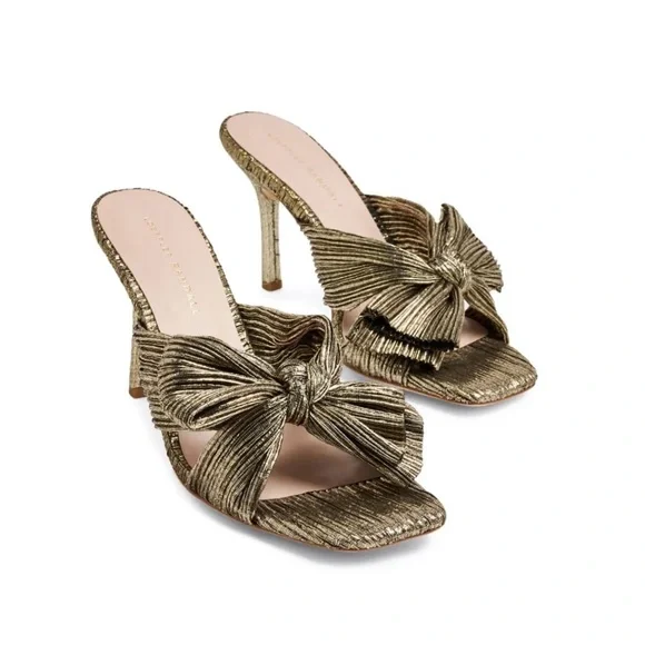 Loeffler Randall Claudia Gold Bow Heeled Sandals - Picture 1 of 7